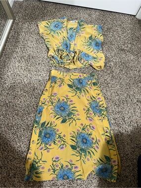 Madewell Yellow Floral Midi Dress Set with Blue Botanical Print